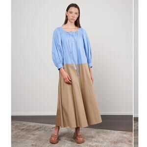 Lee Mathews Blue Frankie Ruched Dress blue tan LM size 2 - US medium